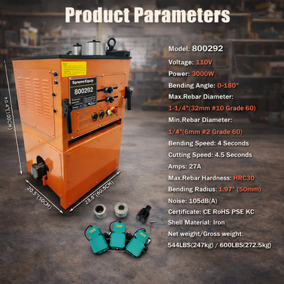 SupremeEquip 800292 Electric Rebar Bender Cutter – 110V, 6–32mm (#10) Capacity