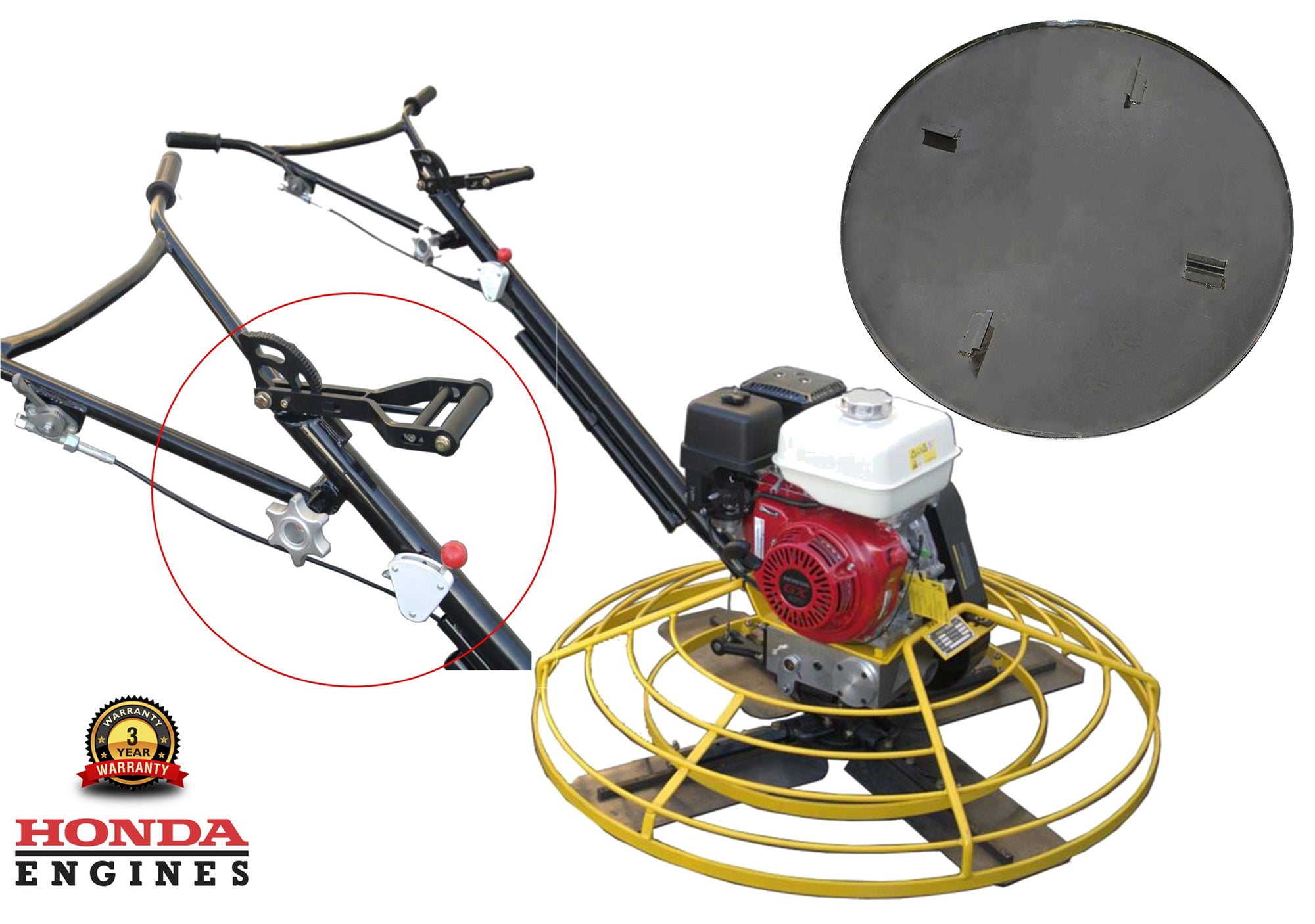 46-Inch Honda Concrete Power Trowel: Featuring GX270 Engine,Pitch Handle Combo Blades, and Float Pan Finishing Tool