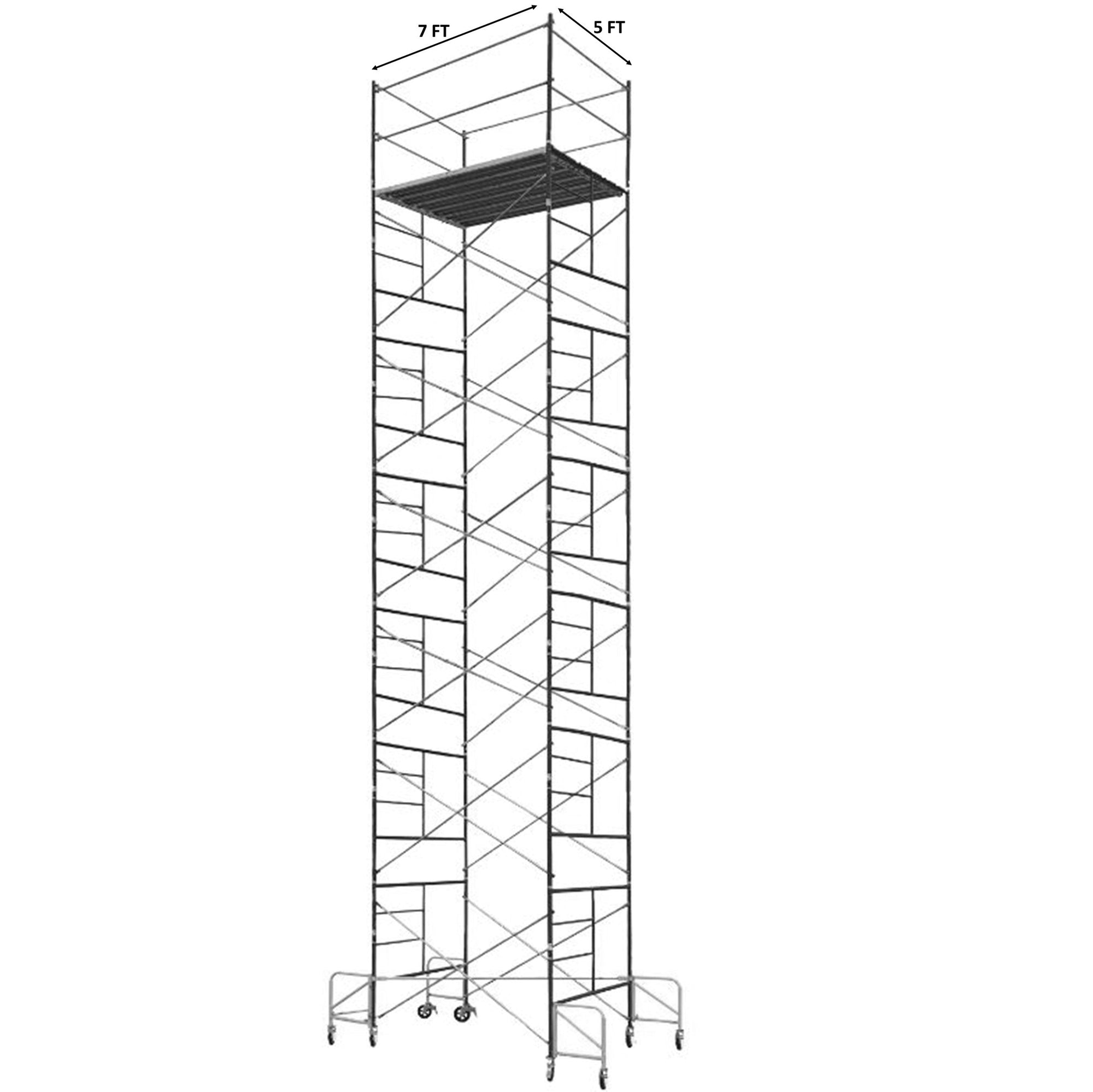 Contractor Mason Scaffolds Rolling Tower 30 Ft High 7 Ft Long, 5 Ft Wide with Guard Rails, Outriggers and Casters