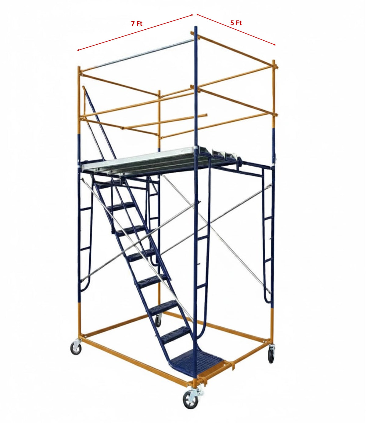 7 Ft Rolling Scaffold Tower Kit with Complete Stair Kit with Rails 5Ft x 7 Ft