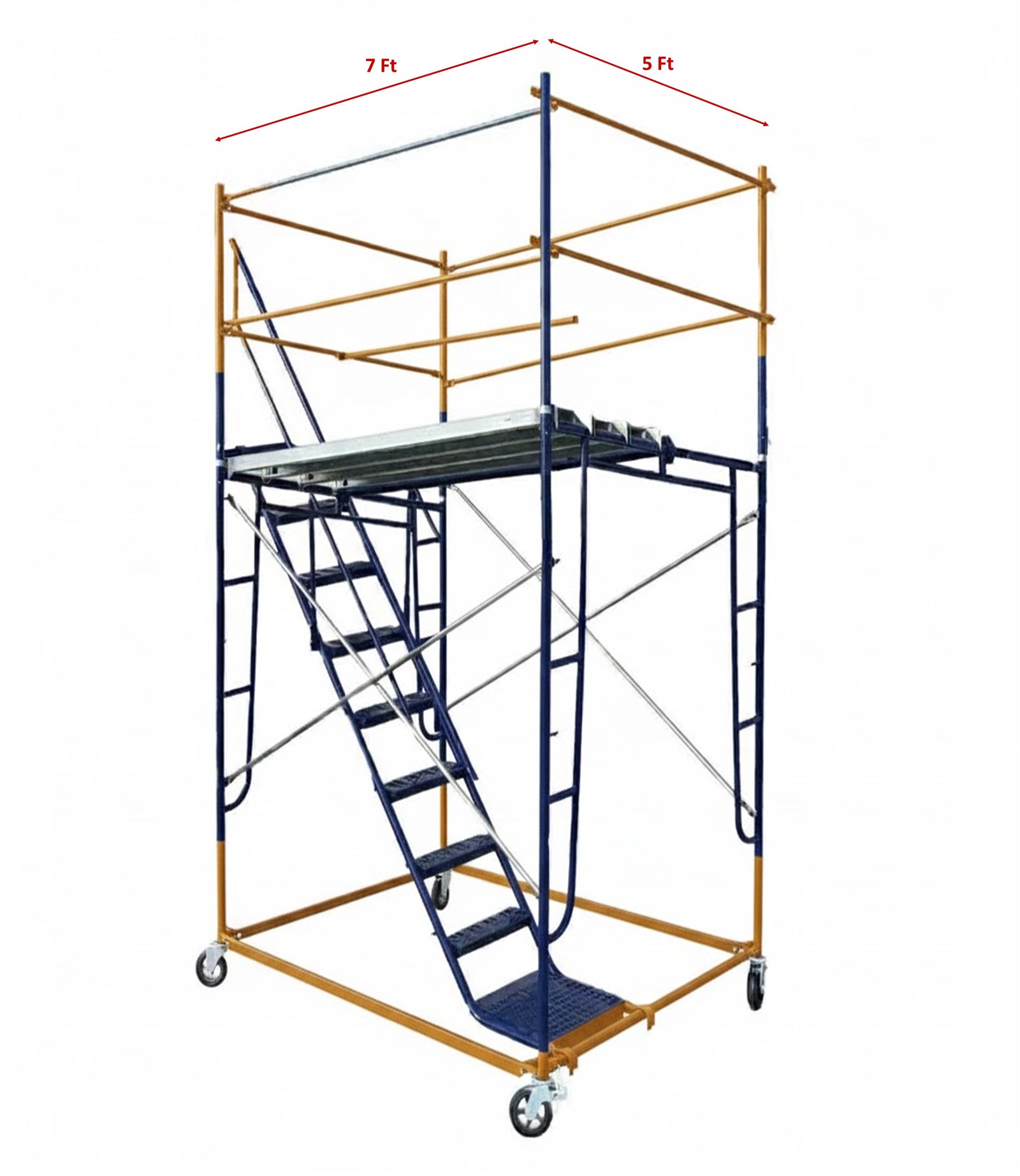 7 Ft Rolling Scaffold Tower Kit with Complete Stair Kit with Rails 5Ft x 7 Ft