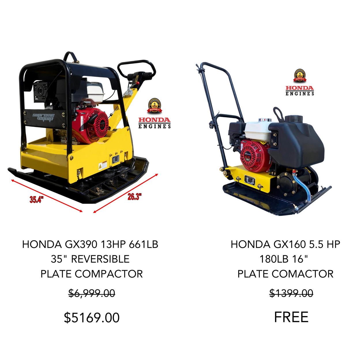 FREE COMPACTOR BOGO - 35" 661 lb Honda GX390 Reversible Plate Compactor + Free 16" Honda GX160 Plate Compactor