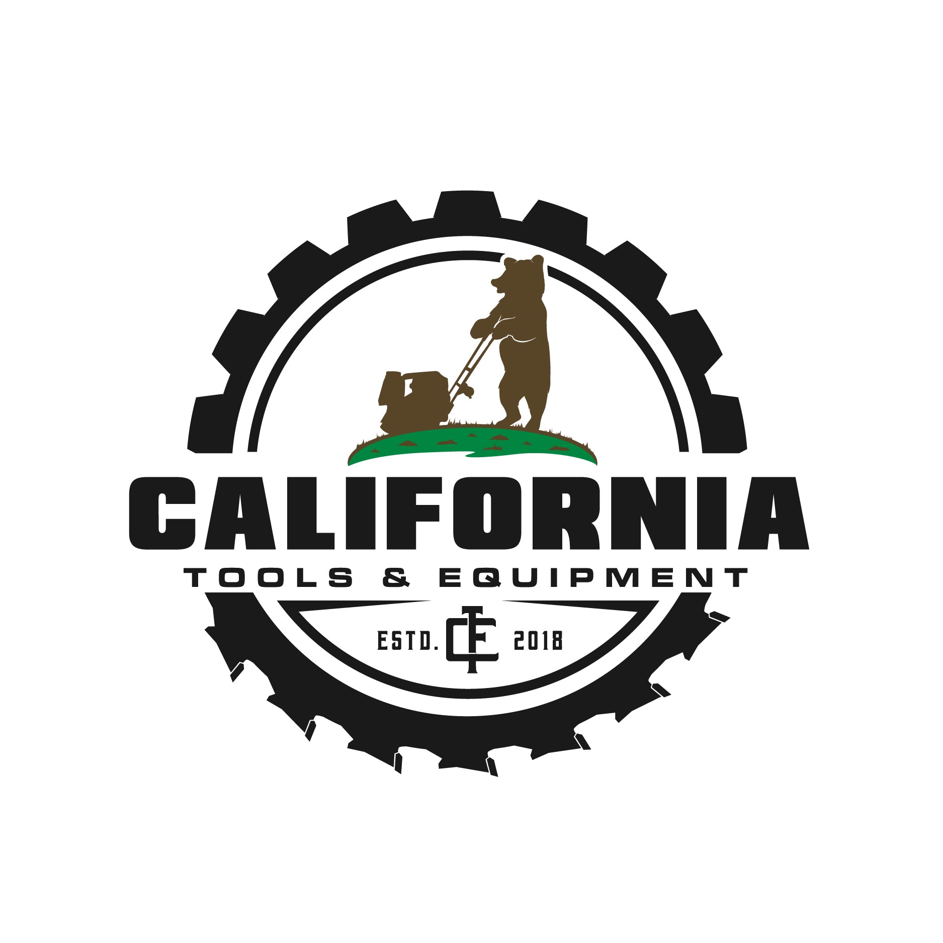 This is our logo, it shows the California Bear using a plate compactor on some grass.