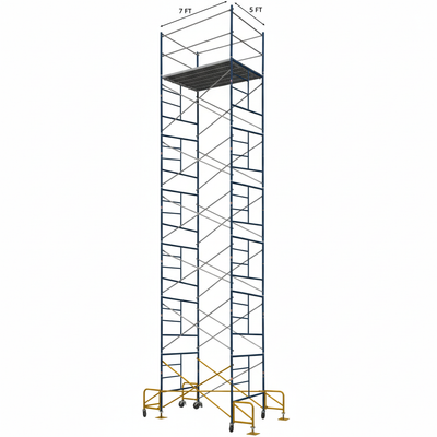 Contractor Mason Scaffolds Rolling Tower 30 Ft High 7 Ft Long, 5 Ft Wide with Guard Rails, Outriggers and Casters