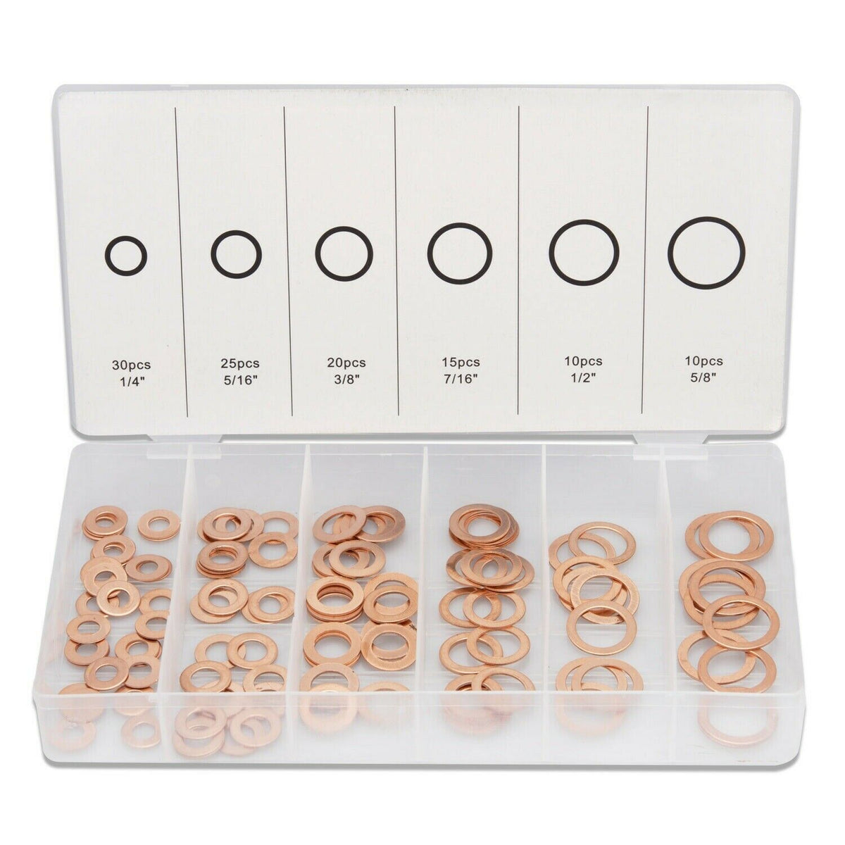 110Pc Solid Copper Crush Washer Seals Flat Ring Gasket Assortment Organizer Case