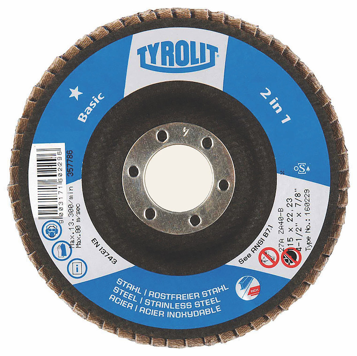 10PC 4-1/2" x 7/8" Tyrolit Abrasives BASIC 2-in-1 Zirconia Flap Disc