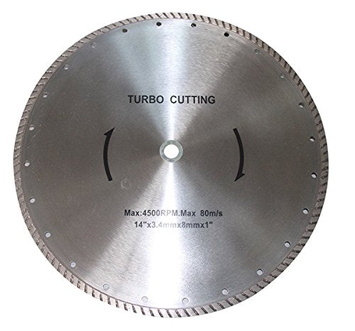 Turbo Diamond Cutting Blade, 14" 4,500 RPM maximum, 80 m/s. 14" x 3.4mm x 8mm x 1"
