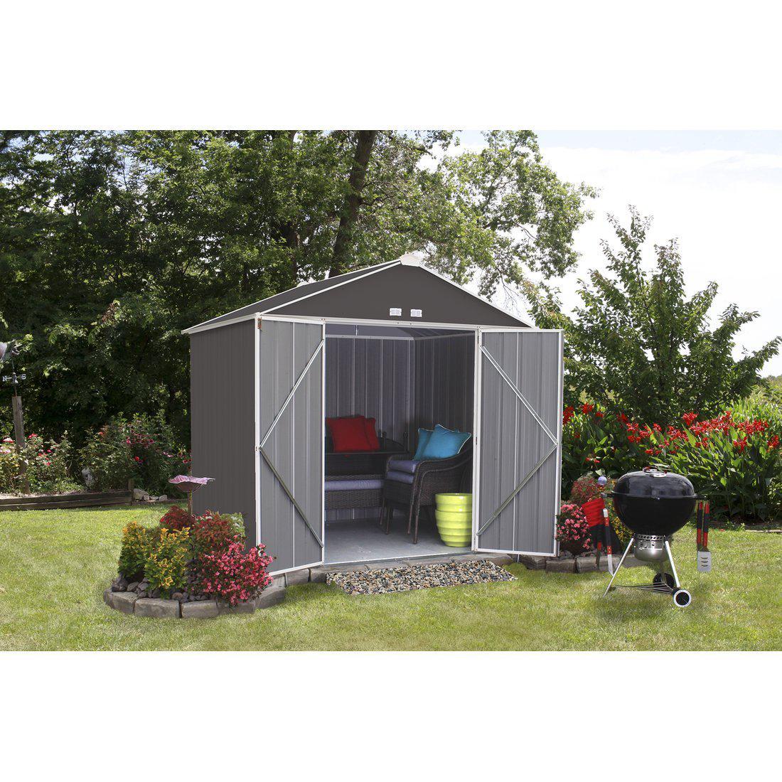 Arrow EZEE Shed High Gable Steel Storage Shed, Charcoal/Cream Trim, 8 x 7 ft.