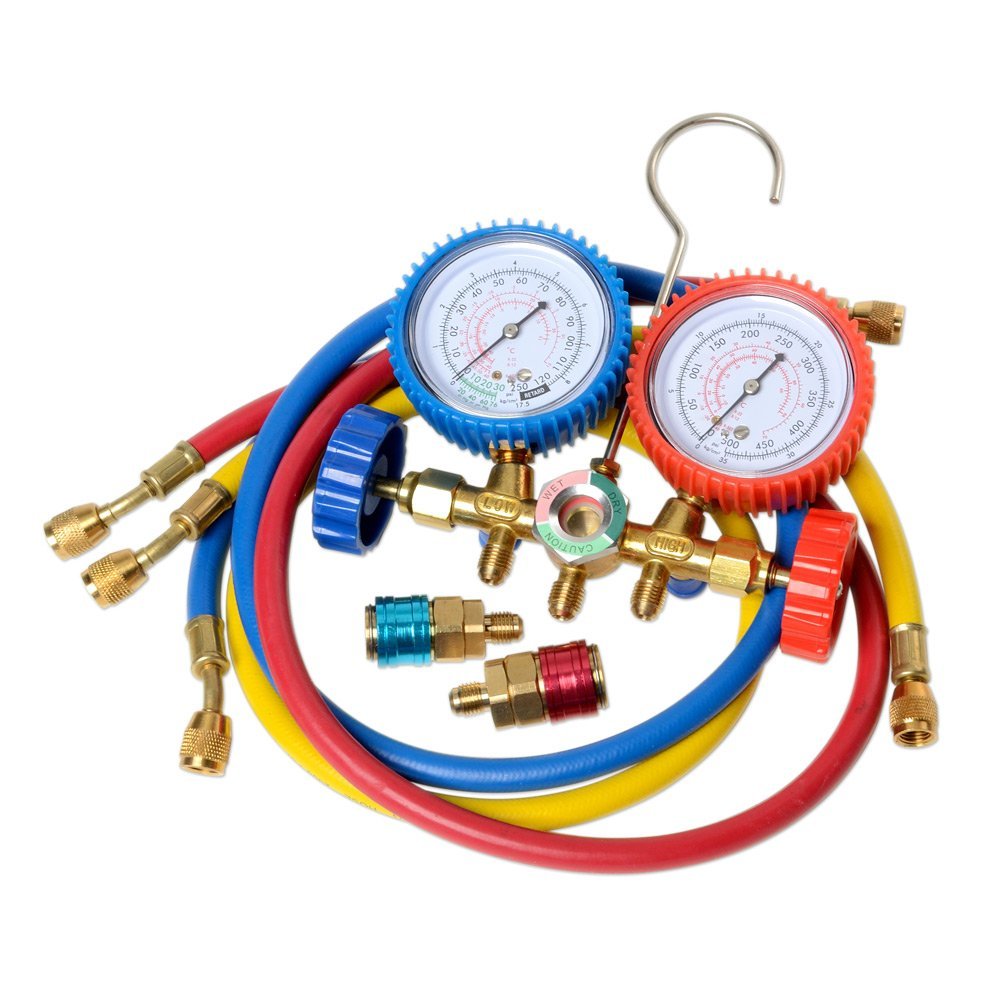 5 FT AC Diagnostic Manifold Freon Gauge Set for R134A R12, R22, R502 Refrigerants, with Couplers and ACME Adapter