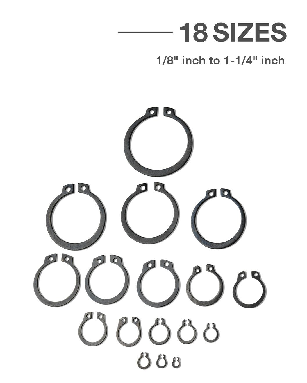 Snap Ring Shop Assortment, 300 Count | 18 Sizes (1/8" - 1-1/4") | Hardened Steel