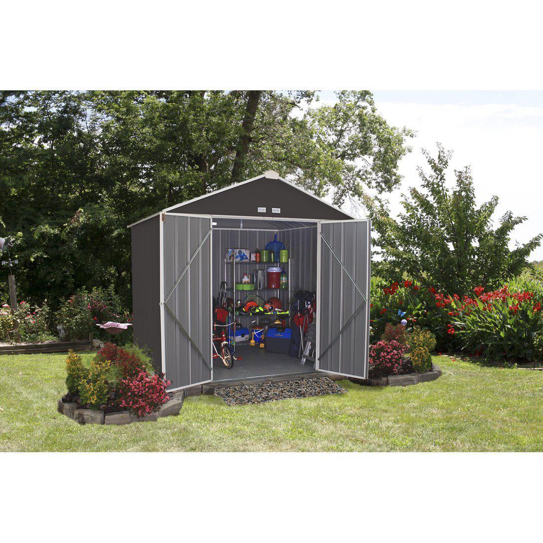 Arrow EZEE Shed High Gable Steel Storage Shed, Charcoal/Cream Trim, 8 x 7 ft.