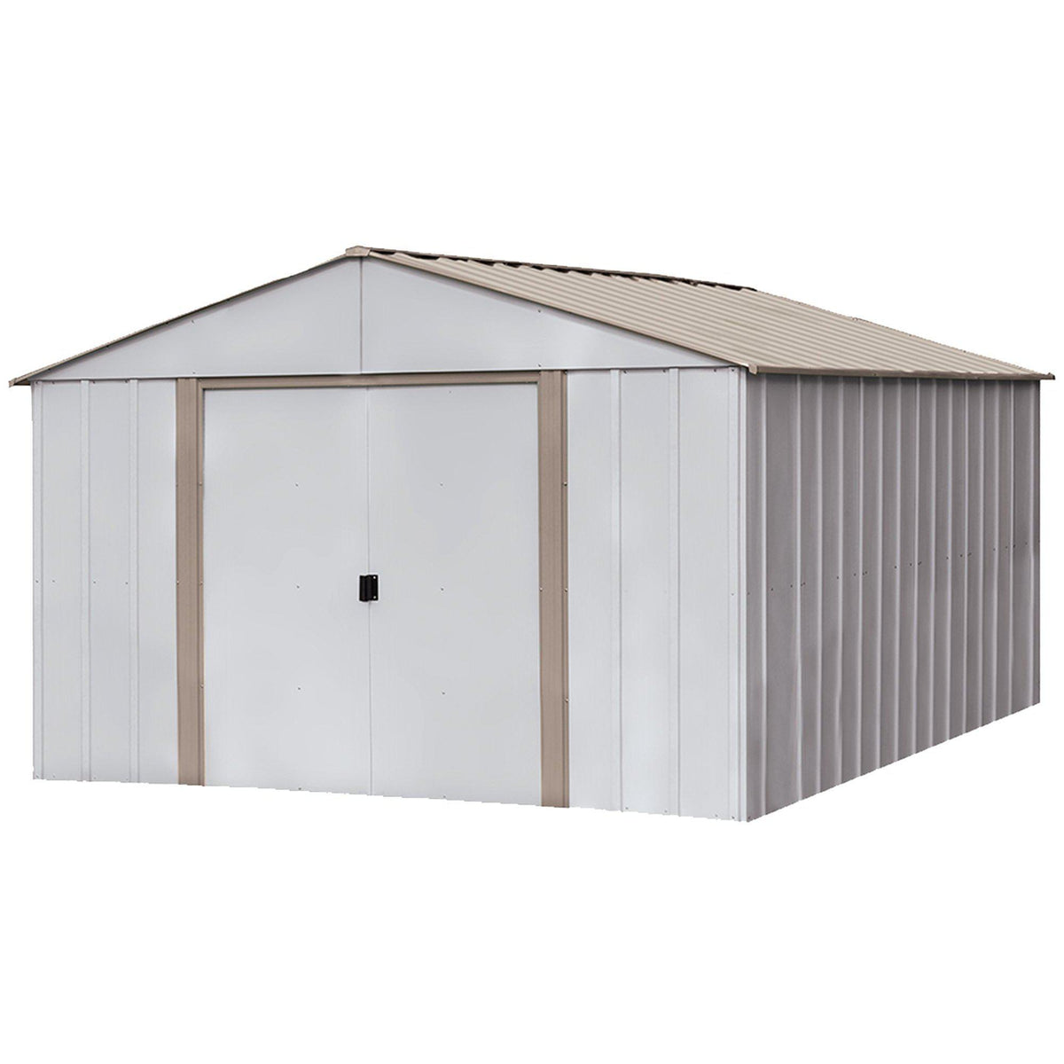 Arrow Oakbrook High Gable Steel Storage Shed, Eggshell/Taupe, 10 x 14 ft.