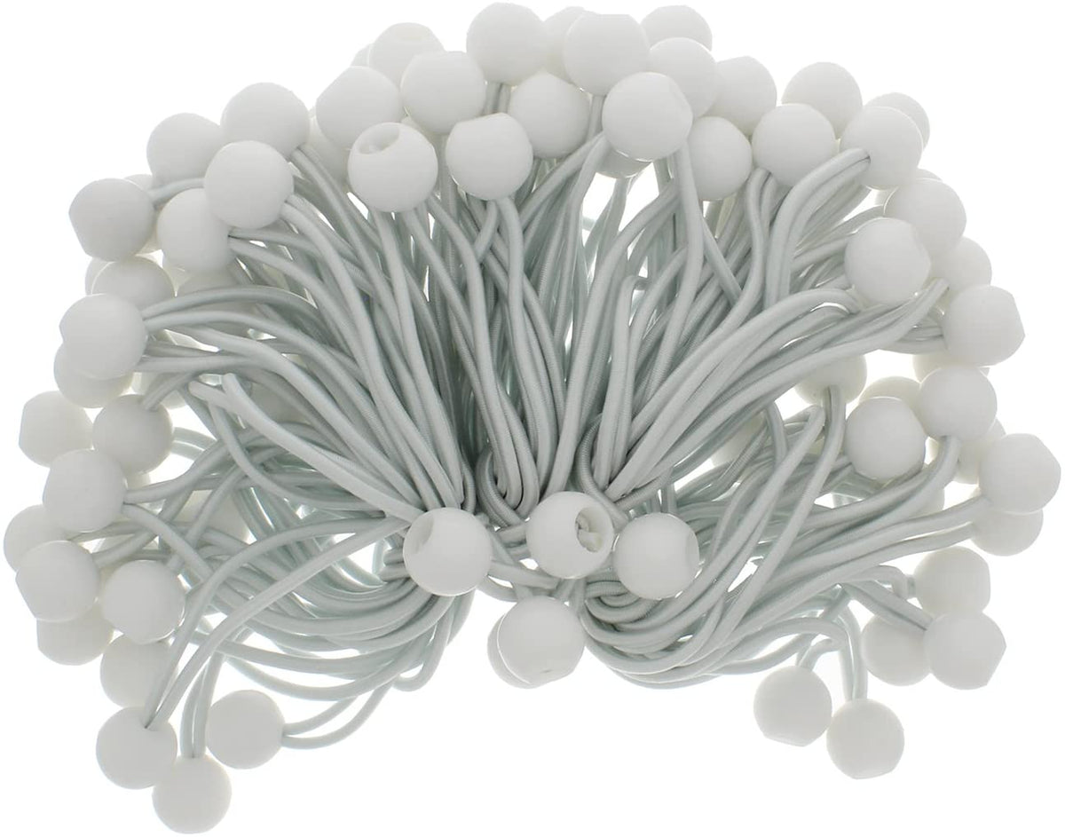 9 Inch Ball Bungee 100-Pack  White Bungee Cord Loop Straps w/ Plastic Balls for Tarp Tie Down, Lacrosse, Soccer