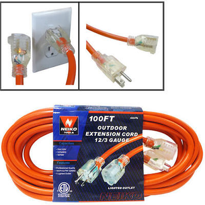 100 foot Extension Cord Lighted 12/3 Gauge Indoor Outdoor Heavy Duty Orange