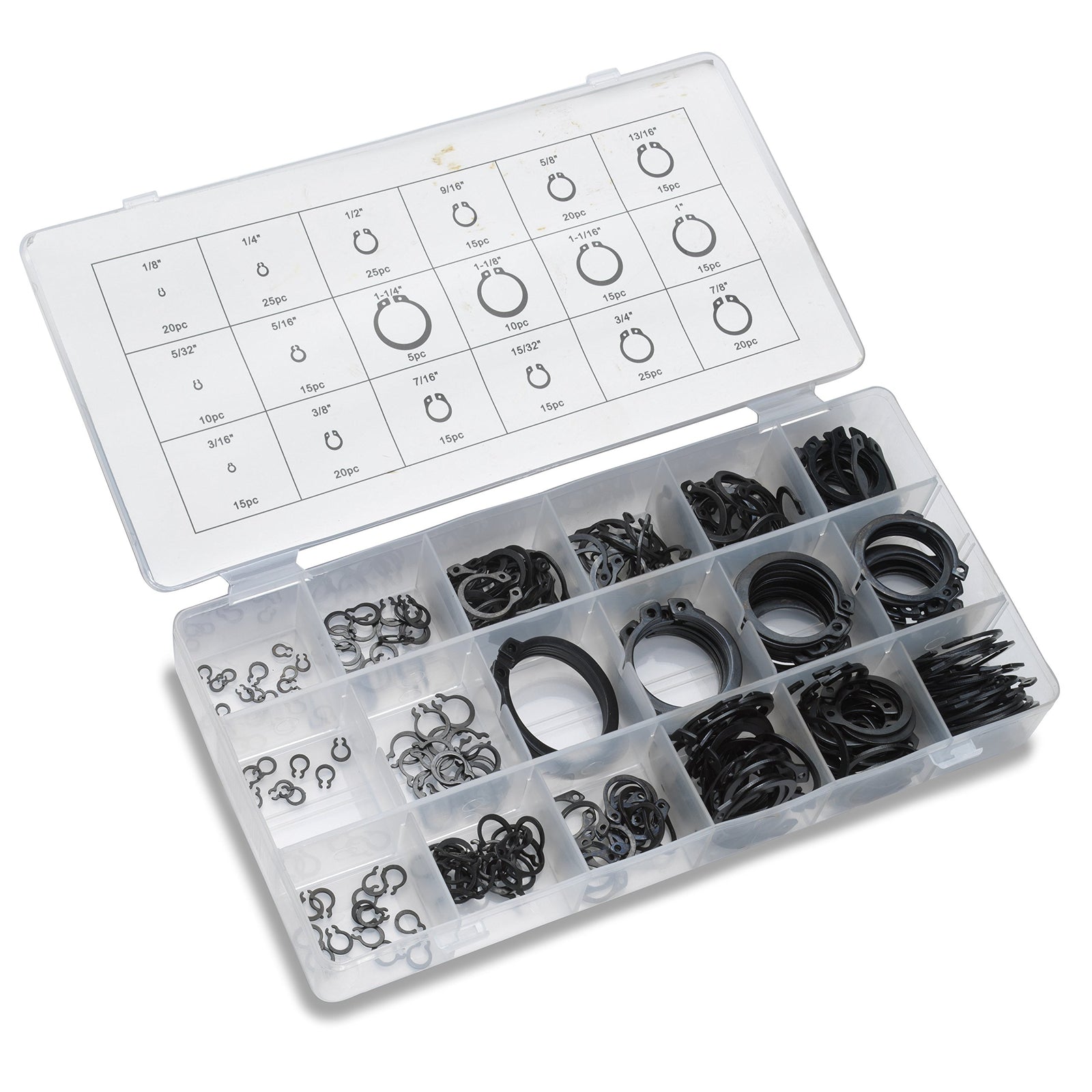 Snap Ring Shop Assortment, 300 Count | 18 Sizes (1/8" - 1-1/4") | Hardened Steel