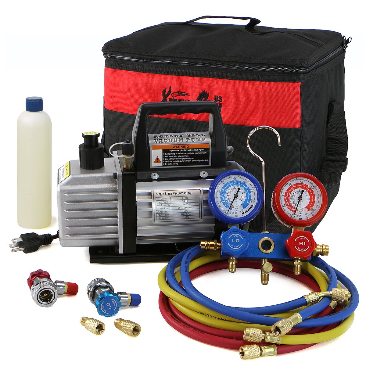 4CFM Air Vacuum Pump A/C Refrigeration Kit AC Manifold Gauge Set + Leak Detector
