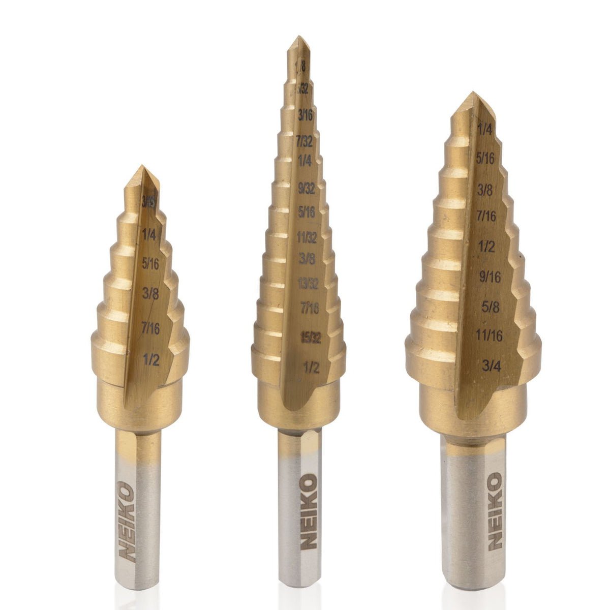 Titanium Step Drill Bits | 3pc SAE Unibit Set 28 Reamer Bits 1/8" to 3/4" Cone