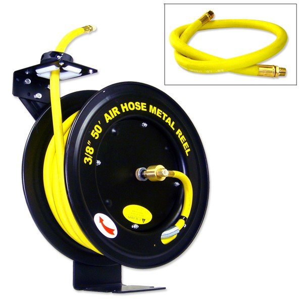 Auto-Rewind Retractable 50-FT Air Hose Reel with 3/8-Inch Rubber Hose
