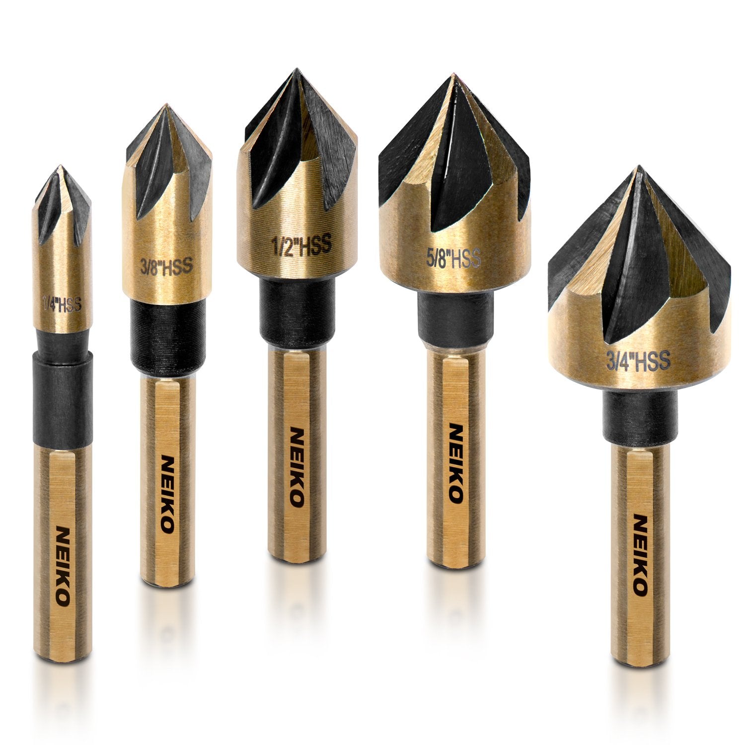Industrial Countersink Drill Bit | 5pc Set Tri-Flat Shank Quick Change 1/4"-3/4"