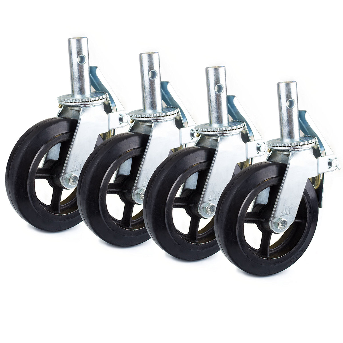Set of 4 Scaffold 8"x2" Black Rubber Mold-on Steel Caster Wheel with Brake