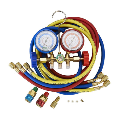 5FT AC Diagnostic Manifold Freon Gauge Set for R134A R12, R22, R502 Refrigerants, with Couplers and ACME Adapter