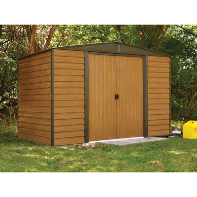 Arrow Woodridge Low Gable Steel Storage Shed, Coffee/Woodgrain 10 x 6 ft.