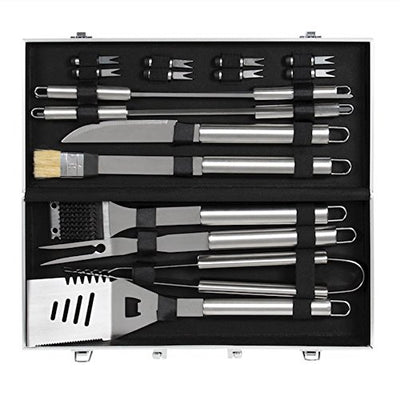 19 PCS BBQ Grill Accessories Tool Set With Aluminum Storage Case Stainless Steel Basting Grill Brush Knife Prongs Tongs Corn Fork Spatula Skewer