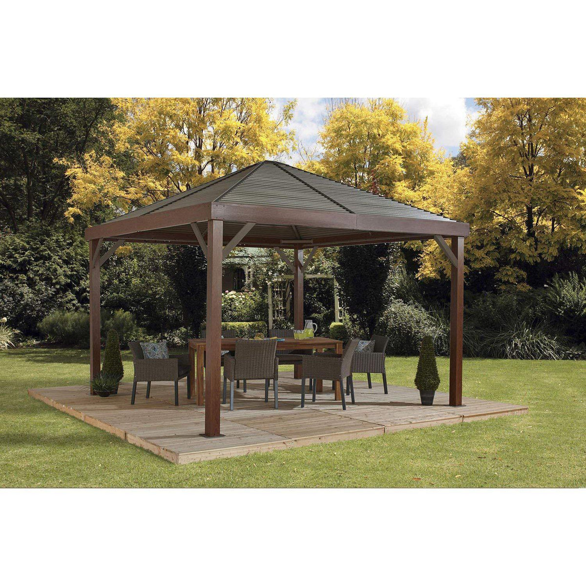 Sojag South Beach Hardtop Gazebo in Wood Finish and Taupe Panels - 12 x 12 Ft