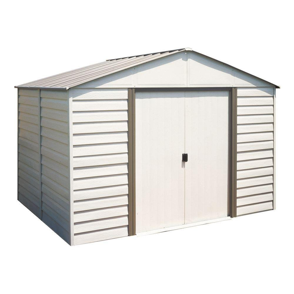 Arrow Vinyl Milford High Gable Steel Storage Shed, Grey Bark/Almond, 10 x 12 ft.