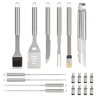 19 PCS BBQ Grill Accessories Tool Set With Aluminum Storage Case Stainless Steel Basting Grill Brush Knife Prongs Tongs Corn Fork Spatula Skewer