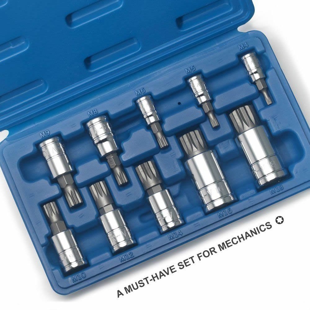 10pc XZN 12 Point MM Triple Square Spline Bit Socket Set Tamper