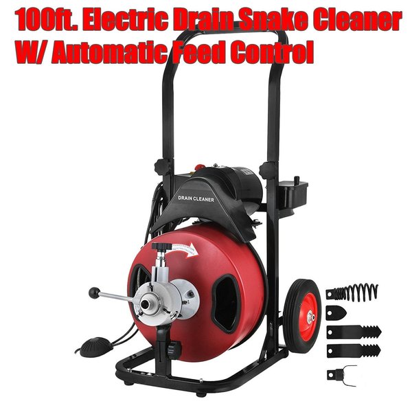 Electric Drain Snake Cleaner commercial w Power Feed Cable 100' x 3/8"