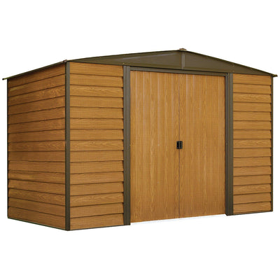 Arrow Woodridge Low Gable Steel Storage Shed, Coffee/Woodgrain 10 x 6 ft.