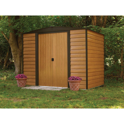 Arrow Woodridge Low Gable Steel Storage Shed, Coffee/Woodgrain 8 x 6 ft.