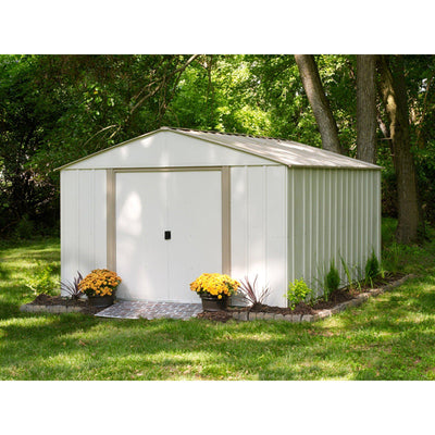 Arrow Oakbrook High Gable Steel Storage Shed, Eggshell/Taupe, 10 x 14 ft.