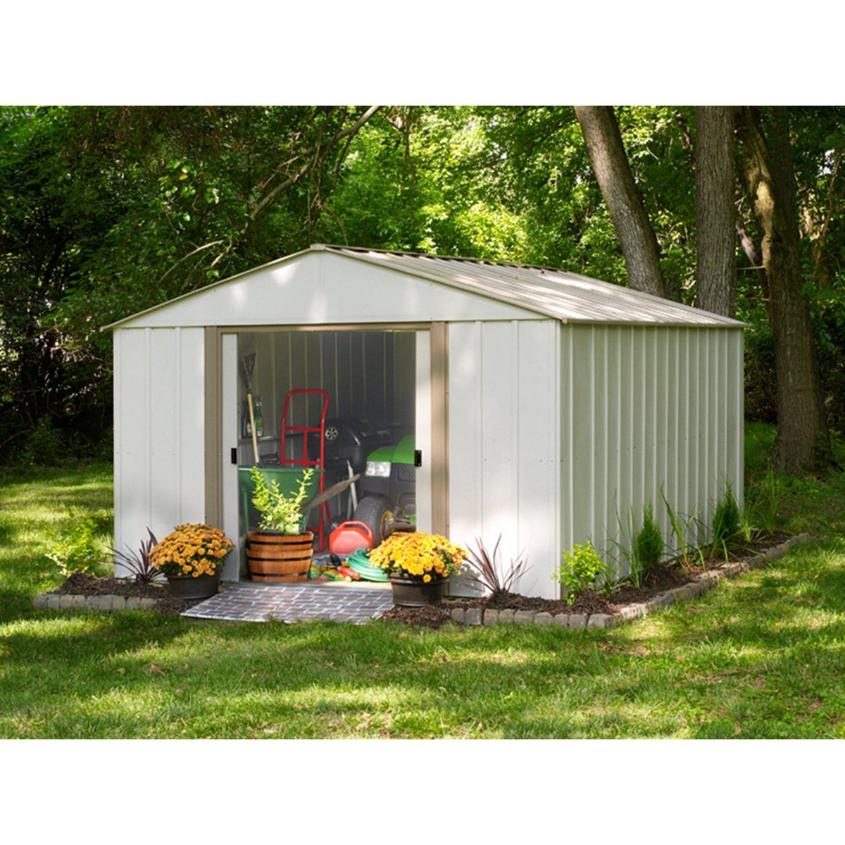 Arrow Oakbrook High Gable Steel Storage Shed, Eggshell/Taupe, 10 x 14 ft.